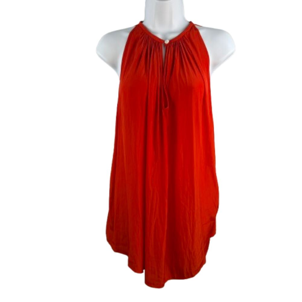 Ramy Brook New York Pleated Halter Blouson Red Orange Sleeveless Top Size L